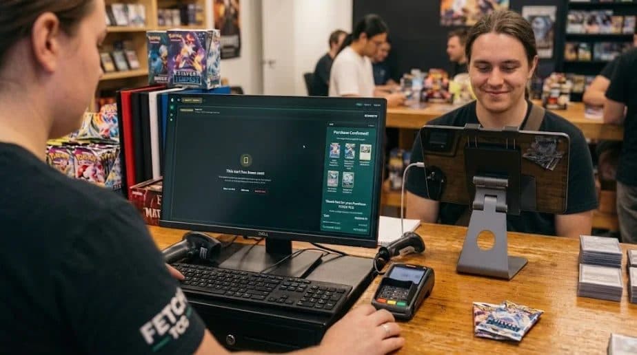 Staff member checking out a customer on a desktop till, with a card terminal and barcode scanner on the counter
