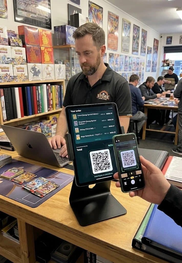 A store owner behind the counter with a tablet till open on an order while a customer scans the QR code to pay on their phone