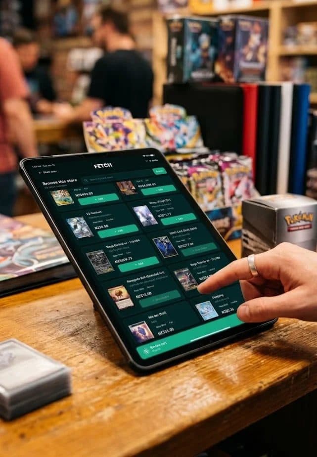 A customer browsing the store's stock on a counter-top kiosk tablet and adding a card to their cart